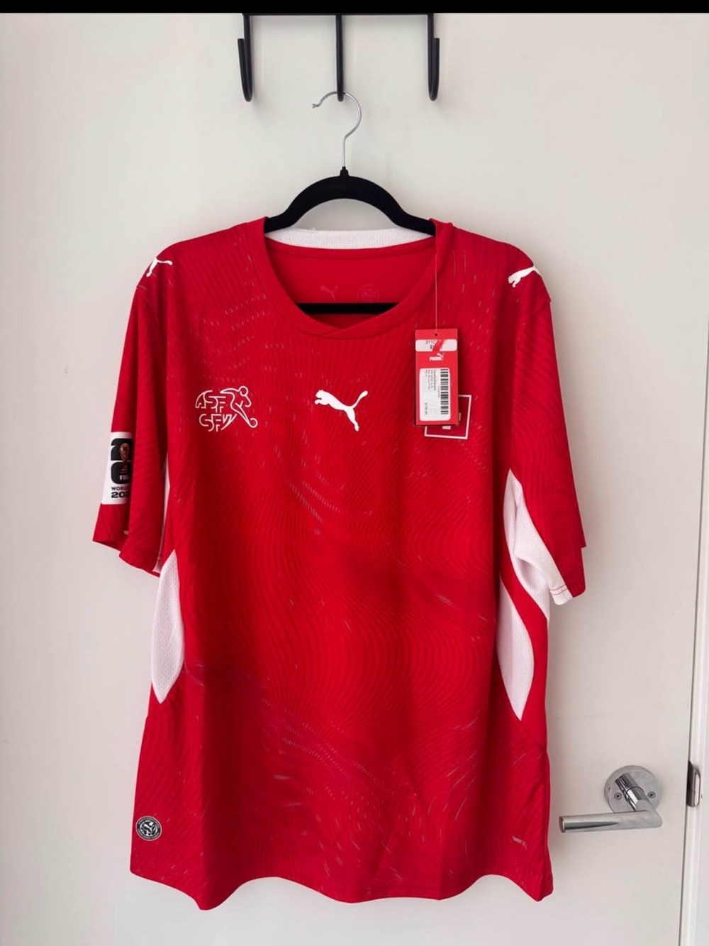 Puma Men's Red Short-Sleeve Football Jersey with White Accents